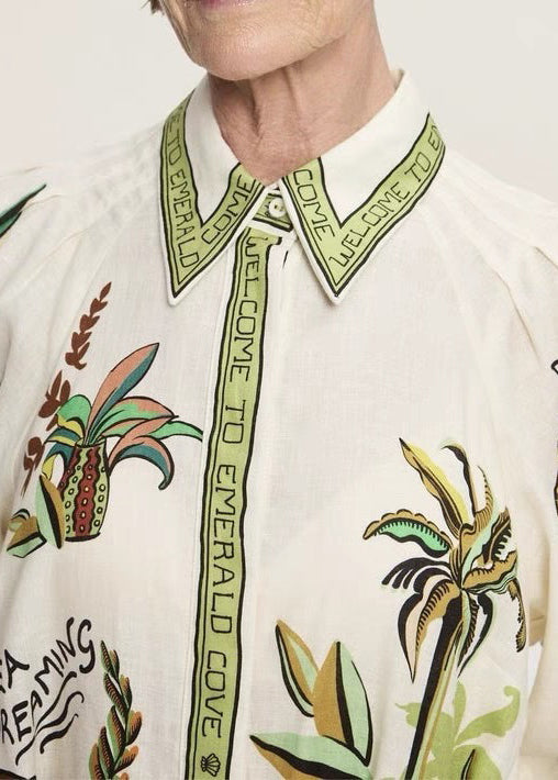 Elegant Green Print Pockets Tie Waist Linen Blouses Dresses Spring