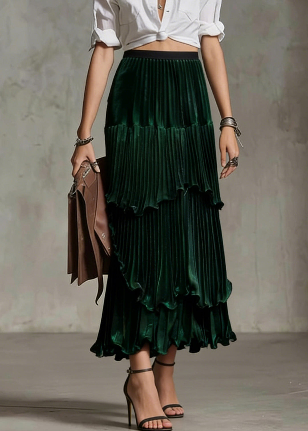 Elegant Green Ruffled Asymmetrical Design Silk Skirt Spring