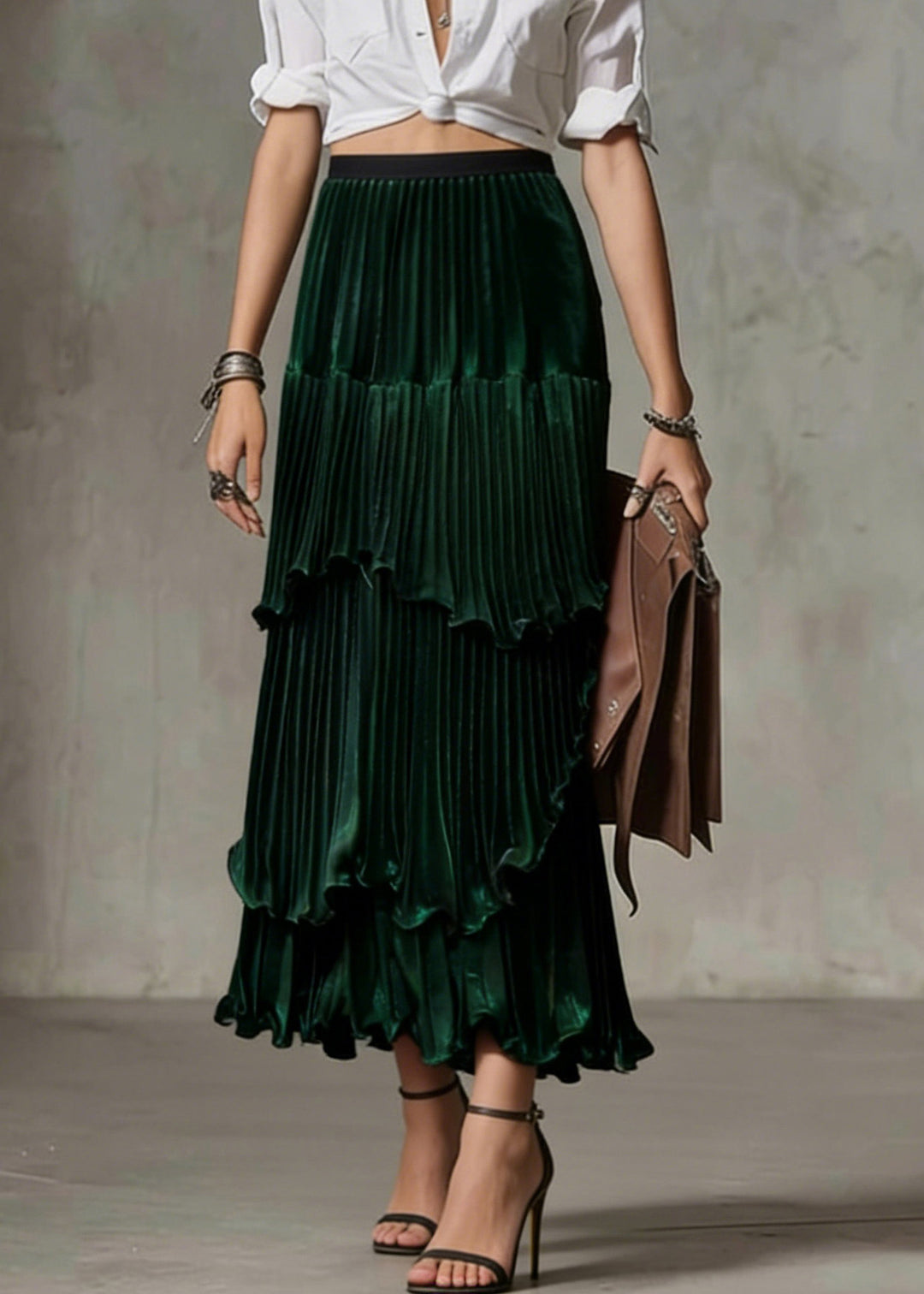 Elegant Green Ruffled Asymmetrical Design Silk Skirt Spring