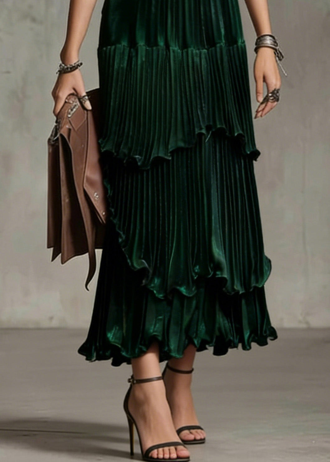 Elegant Green Ruffled Asymmetrical Design Silk Skirt Spring
