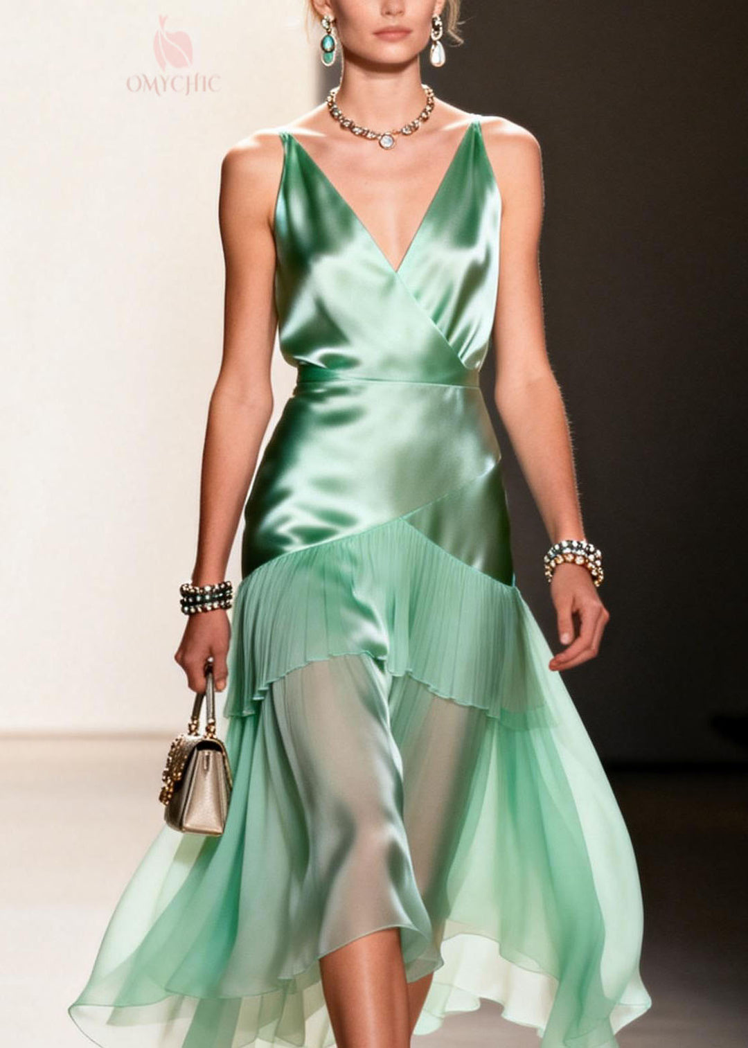 Elegant Green Ruffled Patchwork Chiffon Spaghetti Strap Dress Summer