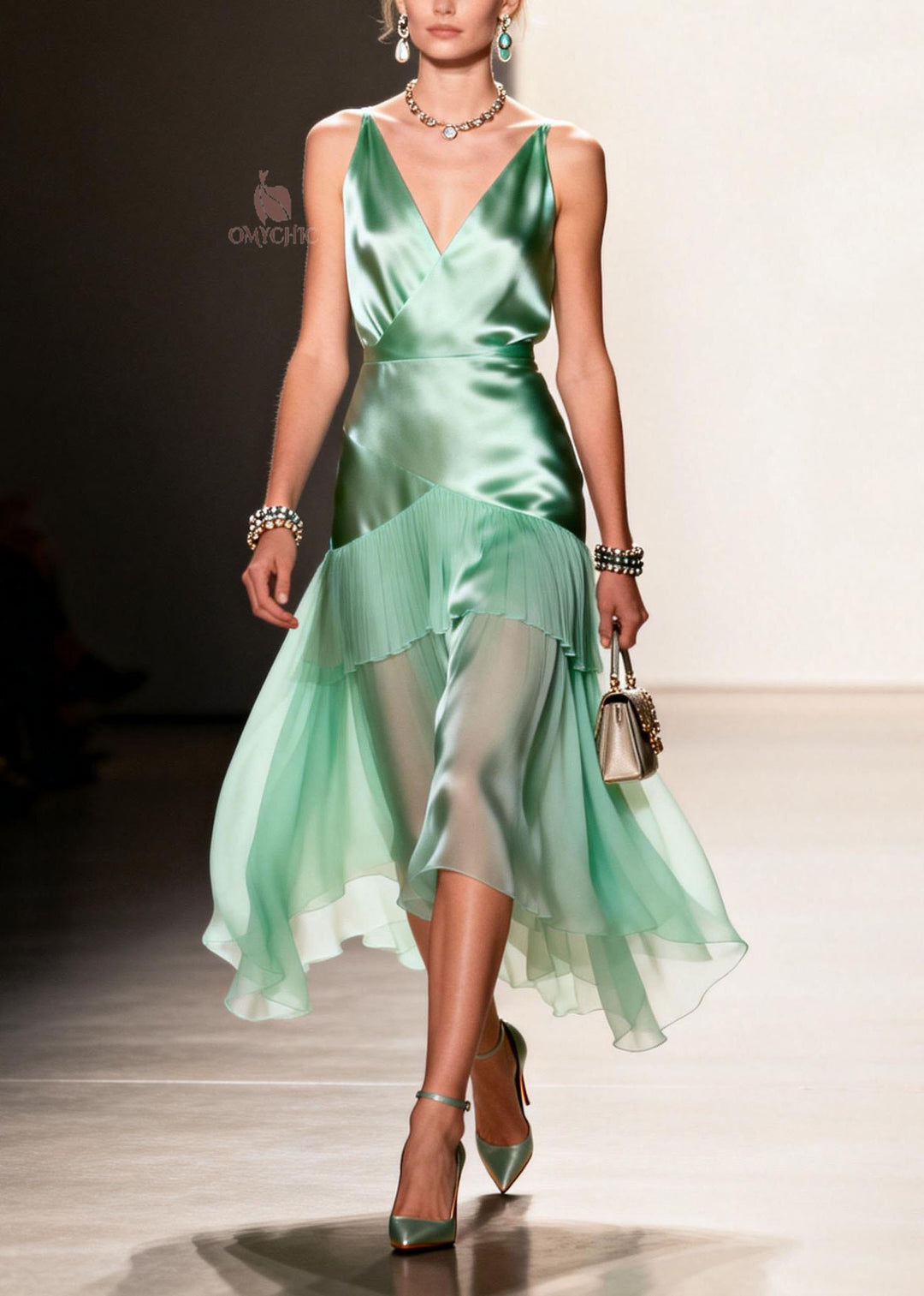 Elegant Green Ruffled Patchwork Chiffon Spaghetti Strap Dress Summer