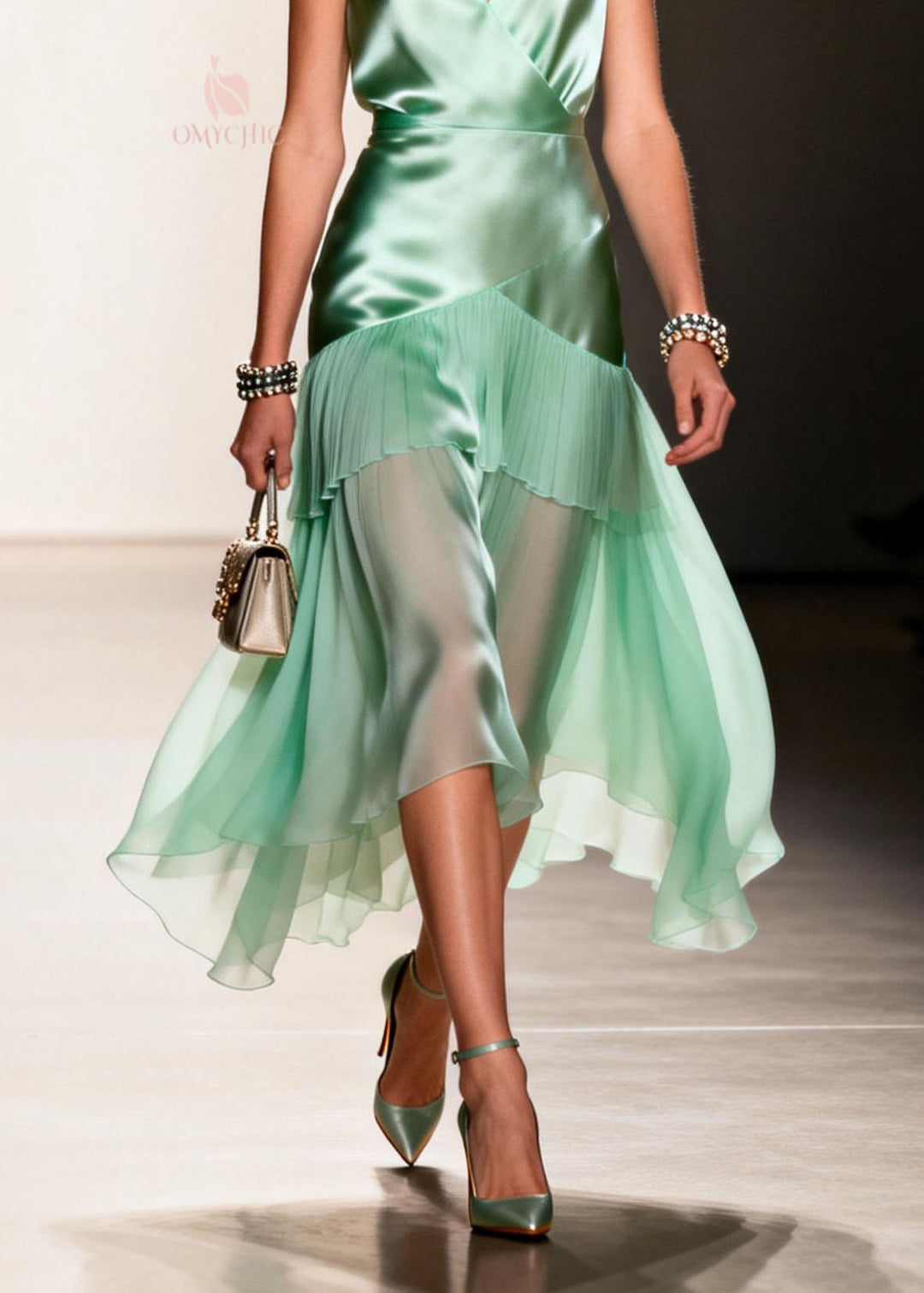 Elegant Green Ruffled Patchwork Chiffon Spaghetti Strap Dress Summer