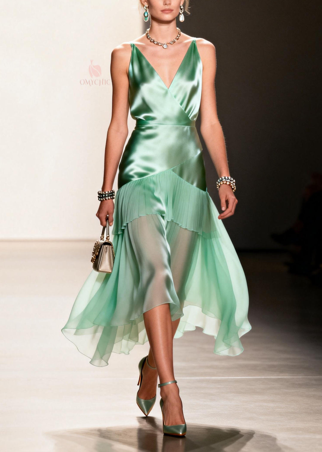 Elegant Green Ruffled Patchwork Chiffon Spaghetti Strap Dress Summer