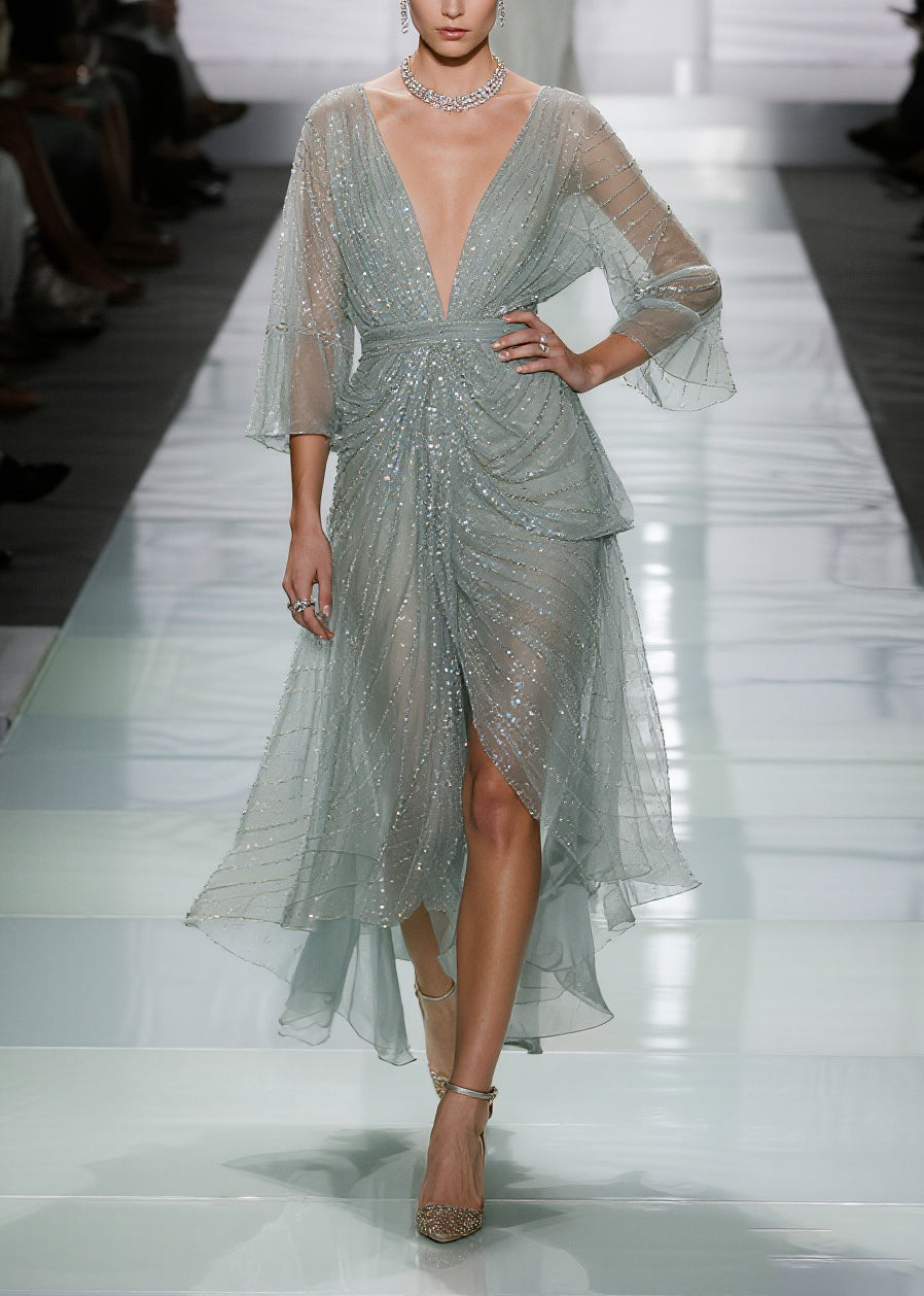 Elegant Green Sequins Side Open Tulle Long Dress Summer