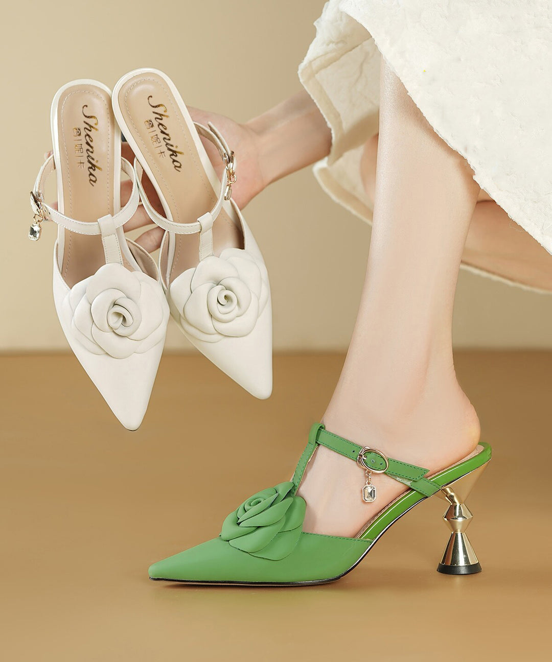 Elegant Green Splicing High Heel Slide Sandals Pointed Toe