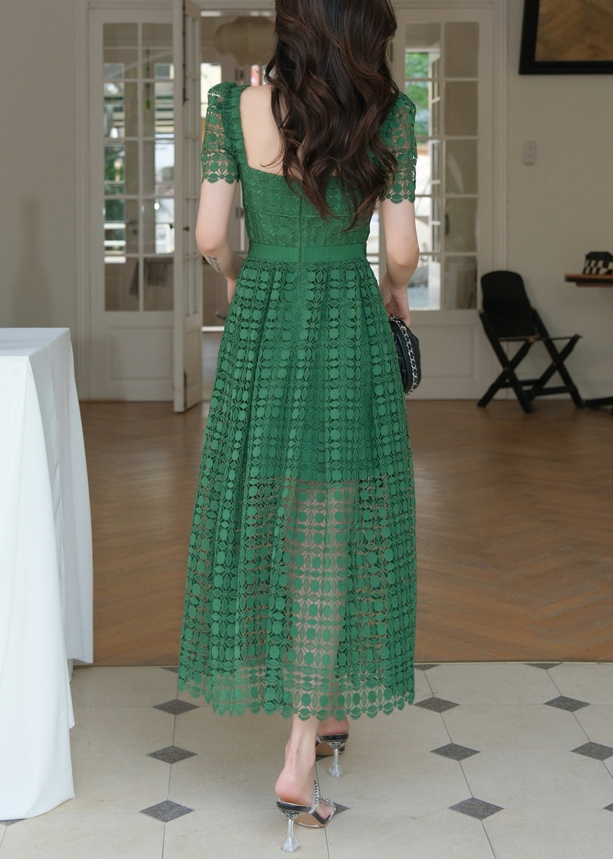 Elegant Green Square Collar Hollow Out Lace Long Dress Summer
