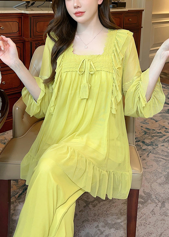 Elegant Green Square Collar Lace Up Tulle Pajamas Two Piece Suit Set Butterfly Sleeve