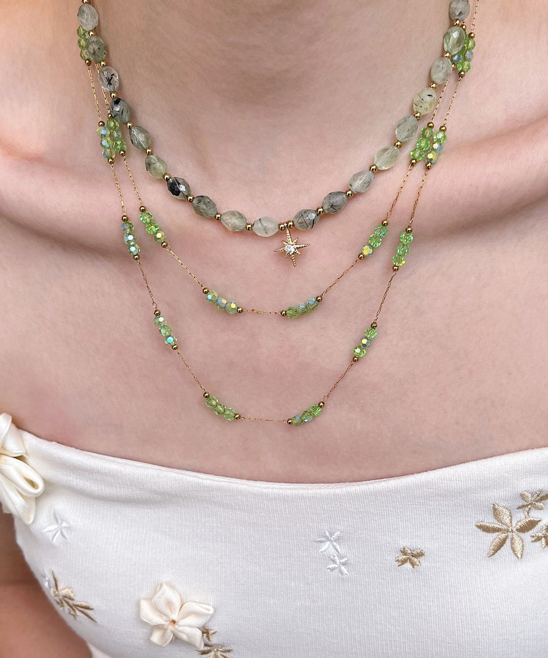 Elegant Green String Beads Layering Alloy Two Piece Set Necklace