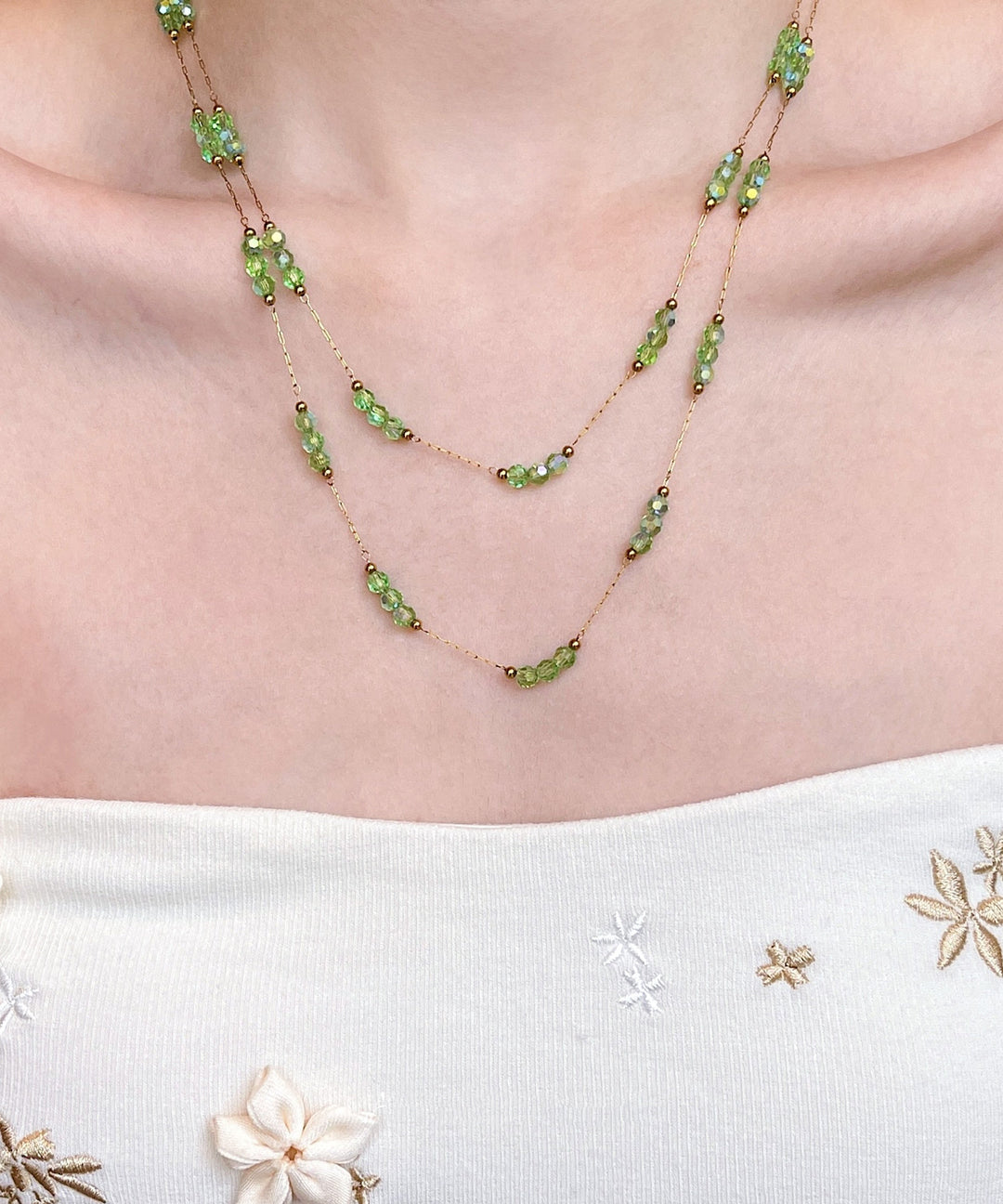 Elegant Green String Beads Layering Alloy Two Piece Set Necklace