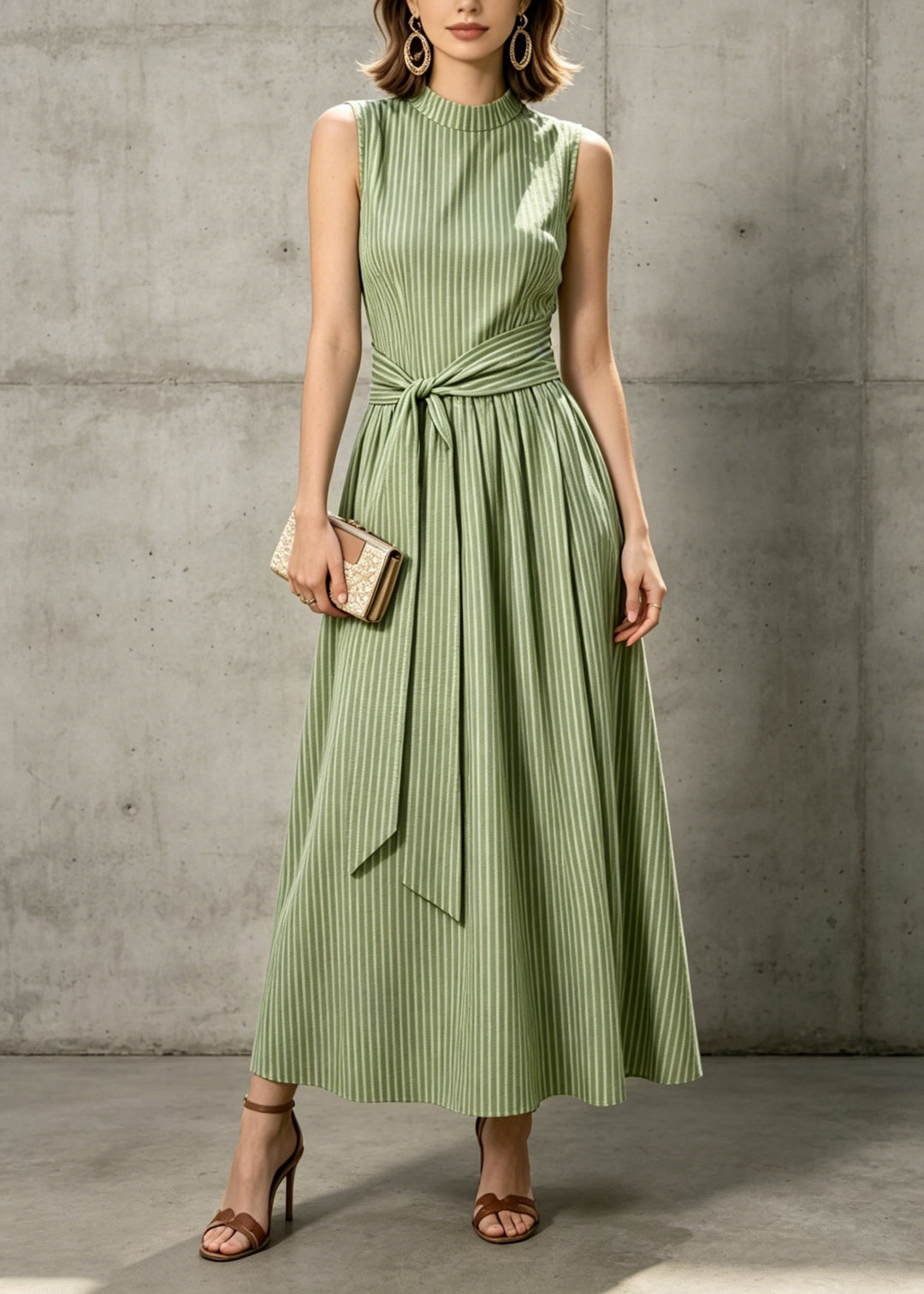 Elegant Green Striped Tie Waist Cotton Maxi Dresses Sleeveless