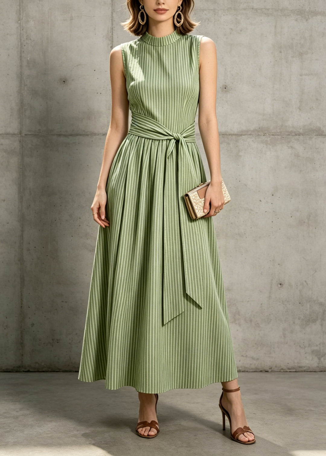 Elegant Green Striped Tie Waist Cotton Maxi Dresses Sleeveless
