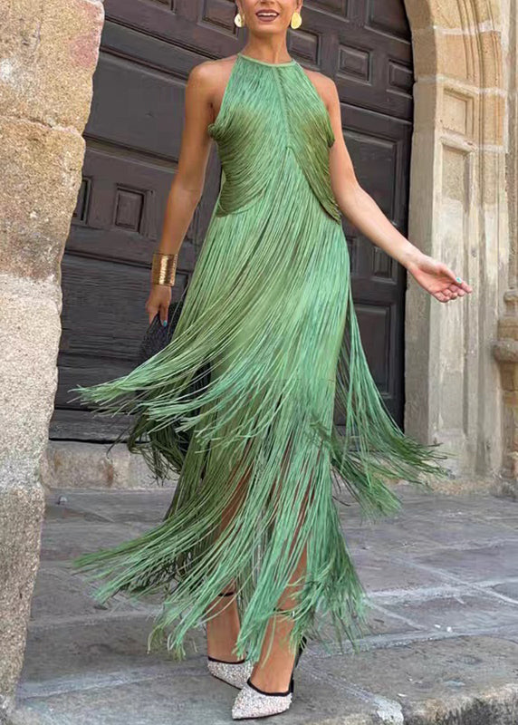 Elegant Green Tassel Patchwork Maxi Spaghetti Strap Dress Sleeveless