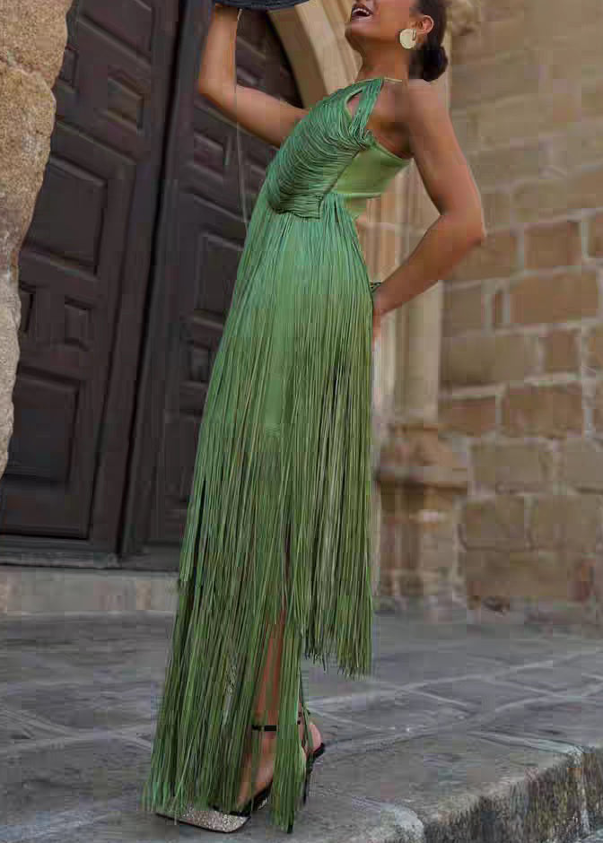 Elegant Green Tassel Patchwork Maxi Spaghetti Strap Dress Sleeveless