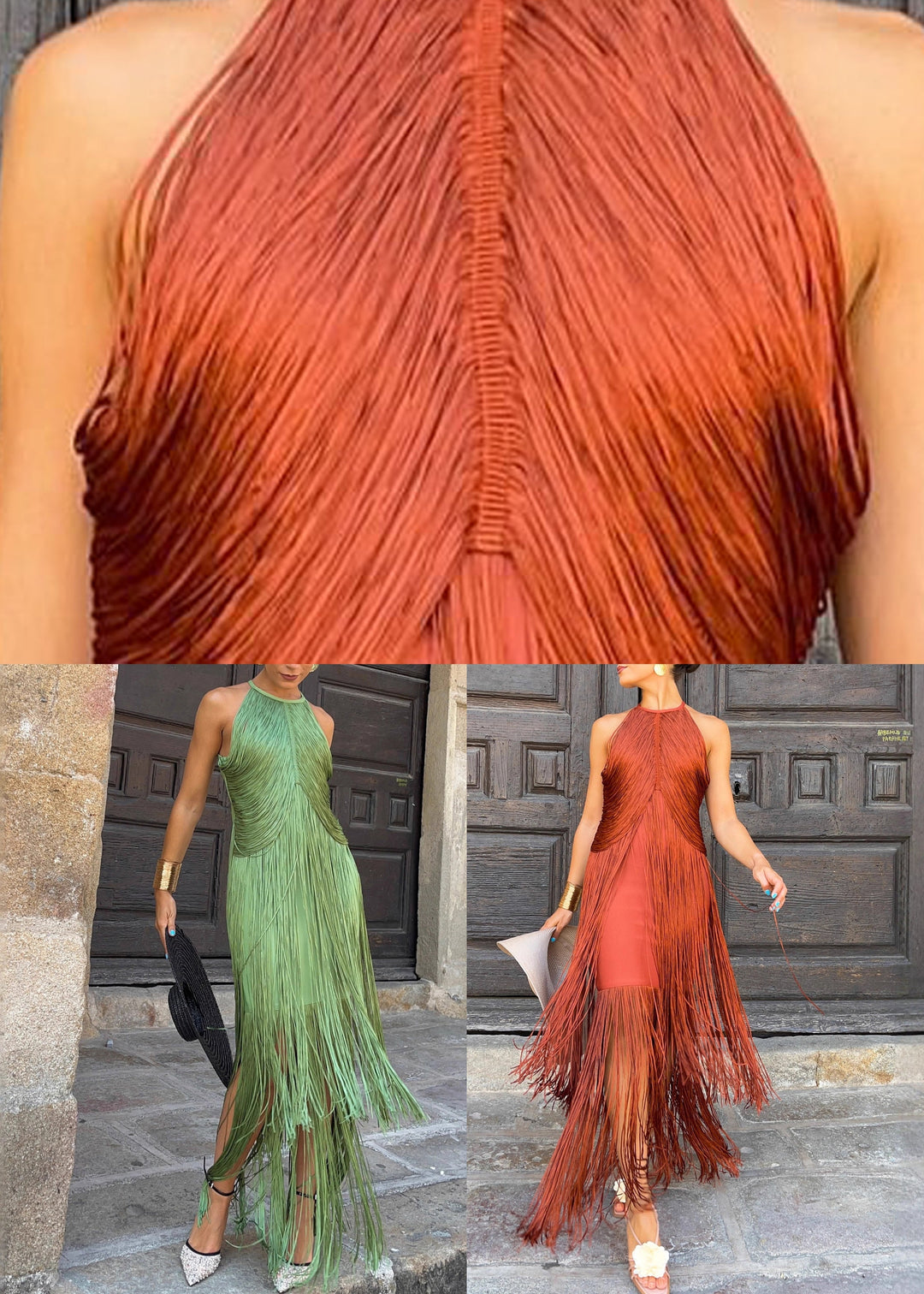 Elegant Green Tassel Patchwork Maxi Spaghetti Strap Dress Sleeveless