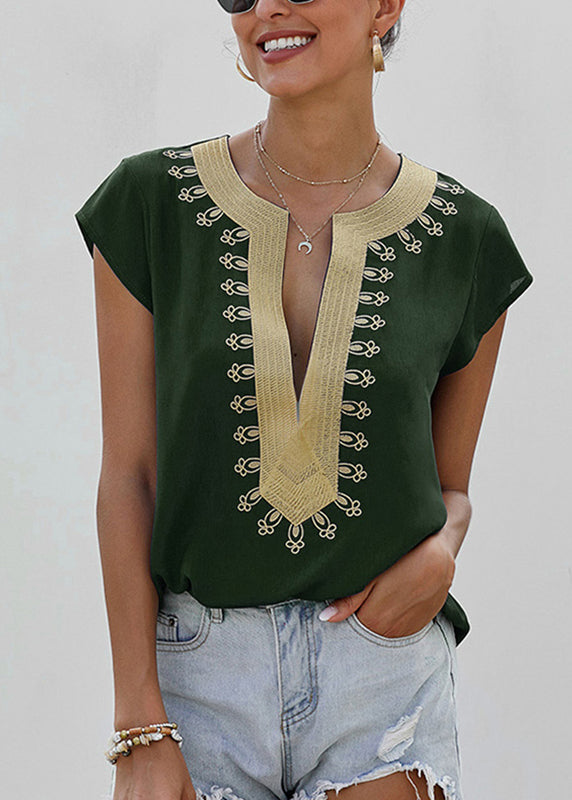 Elegant Green V Neck Patchwork Shirts Summer