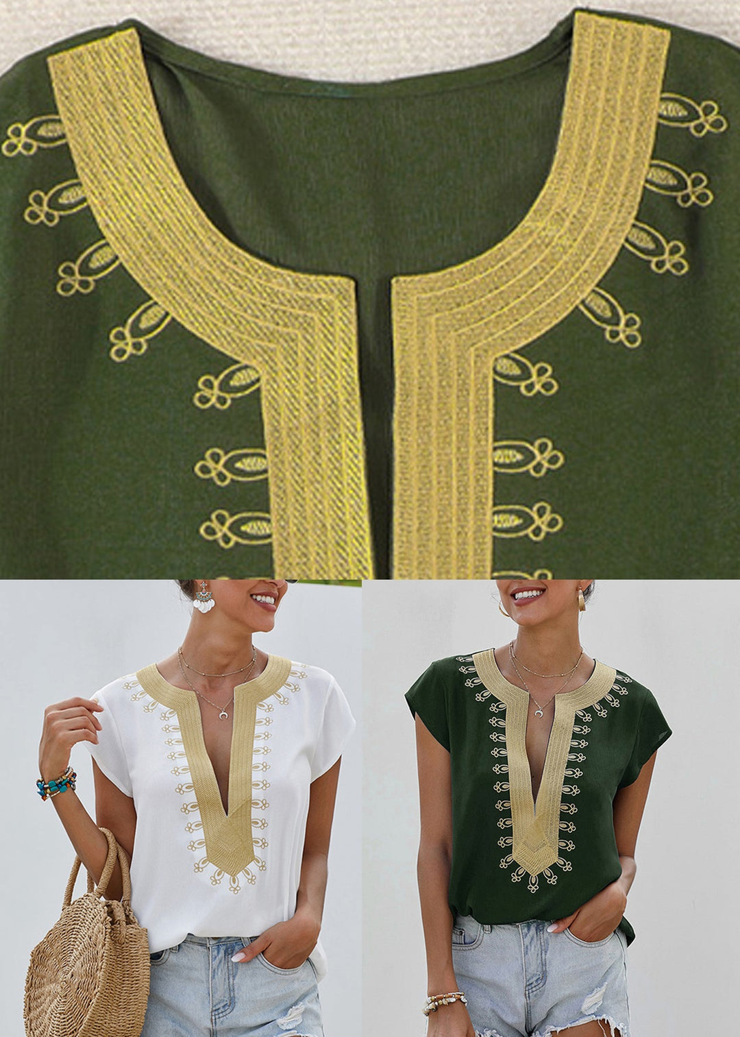 Elegant Green V Neck Patchwork Shirts Summer