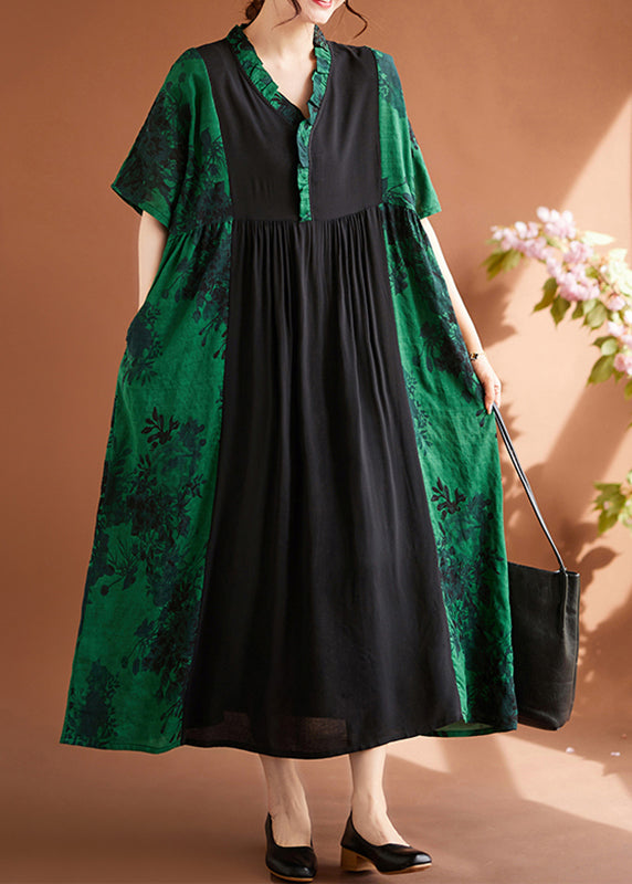 Elegant Green V Neck Print Patchwork Maxi Dresses Summer
