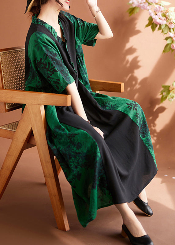 Elegant Green V Neck Print Patchwork Maxi Dresses Summer