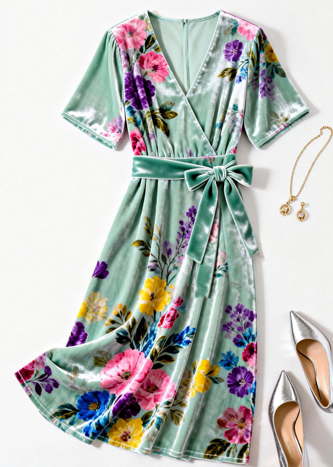 Elegant Green V Neck Print Tie Waist Silk Velvet Dresses Summer