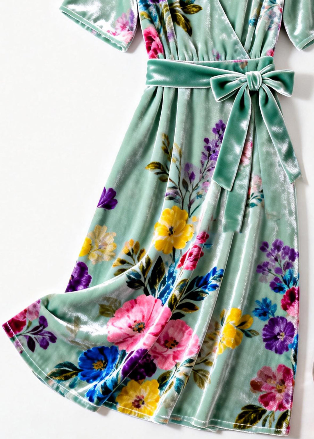 Elegant Green V Neck Print Tie Waist Silk Velvet Dresses Summer