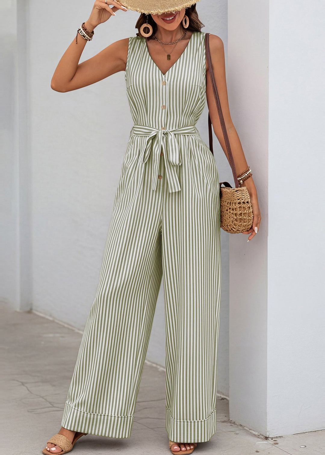 Elegant Green V Neck Striped Cotton Jumpsuit Sleeveless