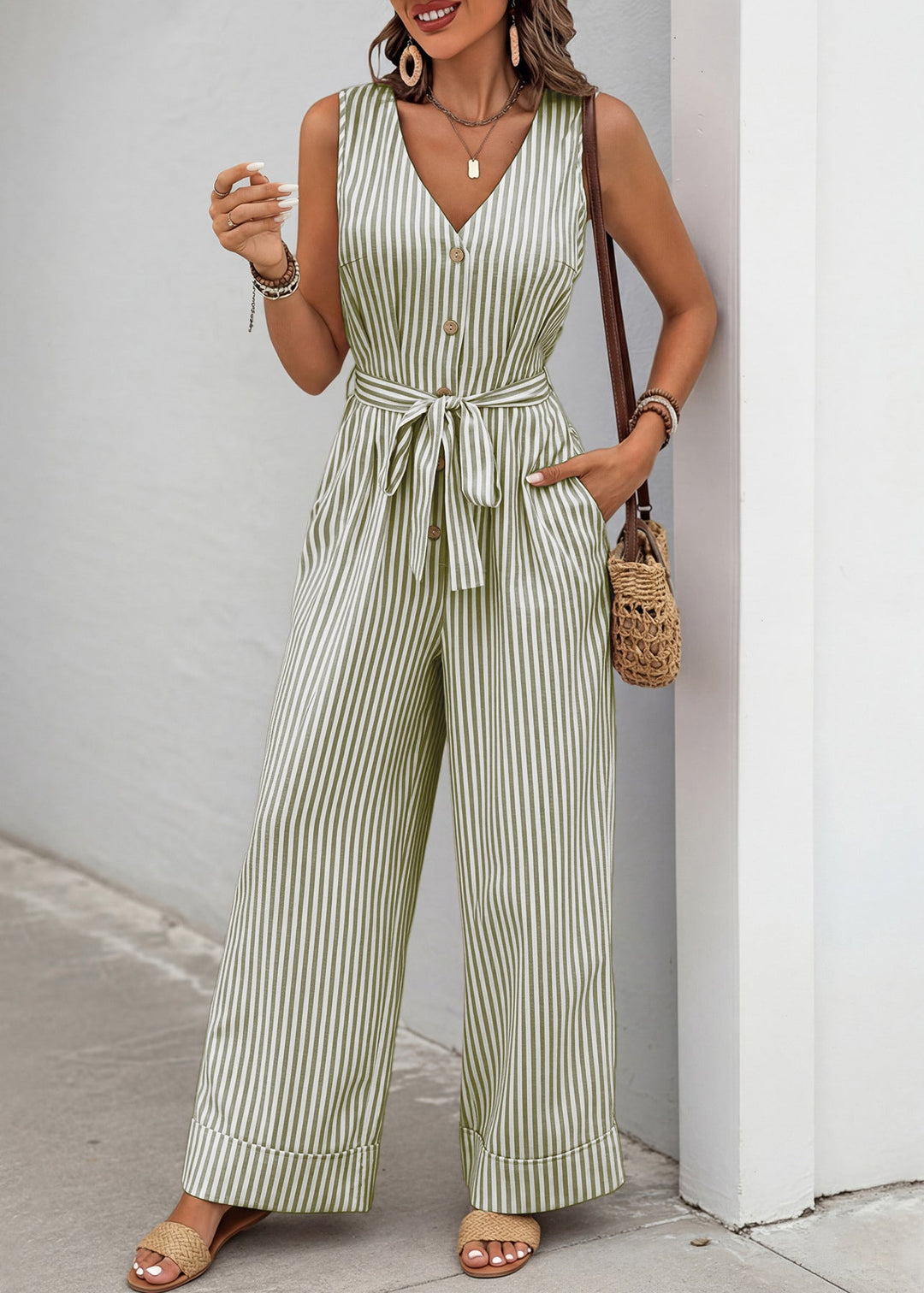 Elegant Green V Neck Striped Cotton Jumpsuit Sleeveless