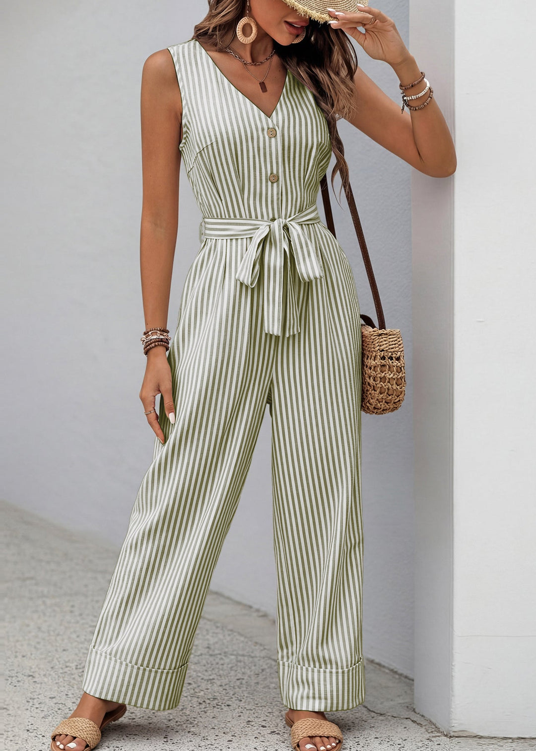 Elegant Green V Neck Striped Cotton Jumpsuit Sleeveless