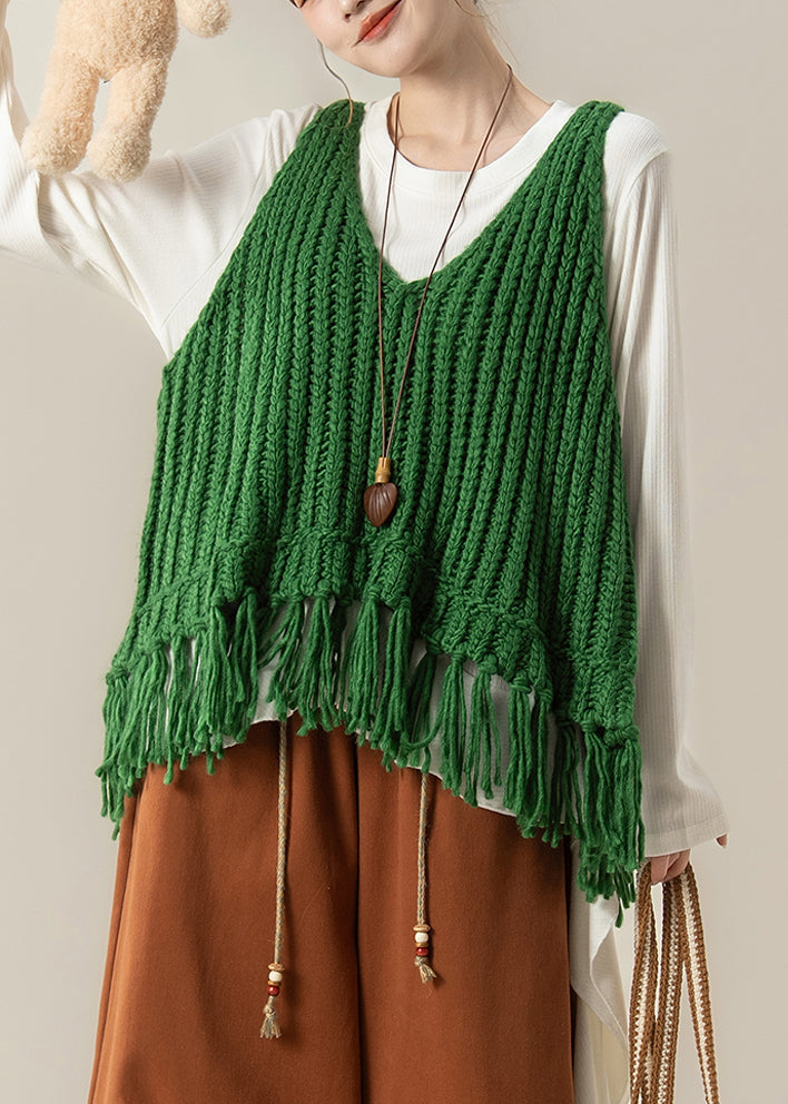 Elegant Green V Neck Tasseled Knit Vest And White Cotton T Shirt Two Pieces Set Fall