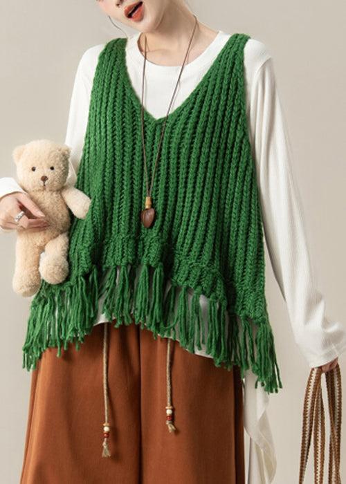 Elegant Green V Neck Tasseled Knit Vest And White Cotton T Shirt Two Pieces Set Fall