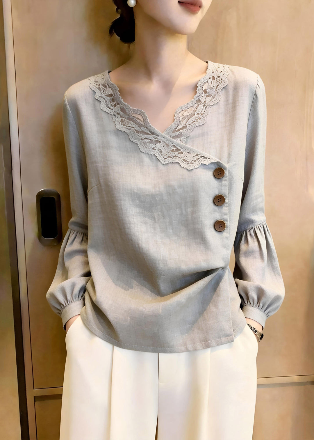 Elegant Grey Asymmetrical Button Solid Top Fall