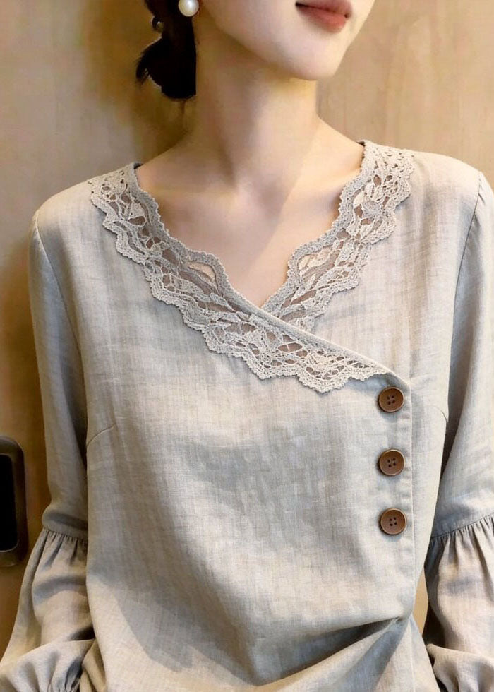 Elegant Grey Asymmetrical Button Solid Top Fall