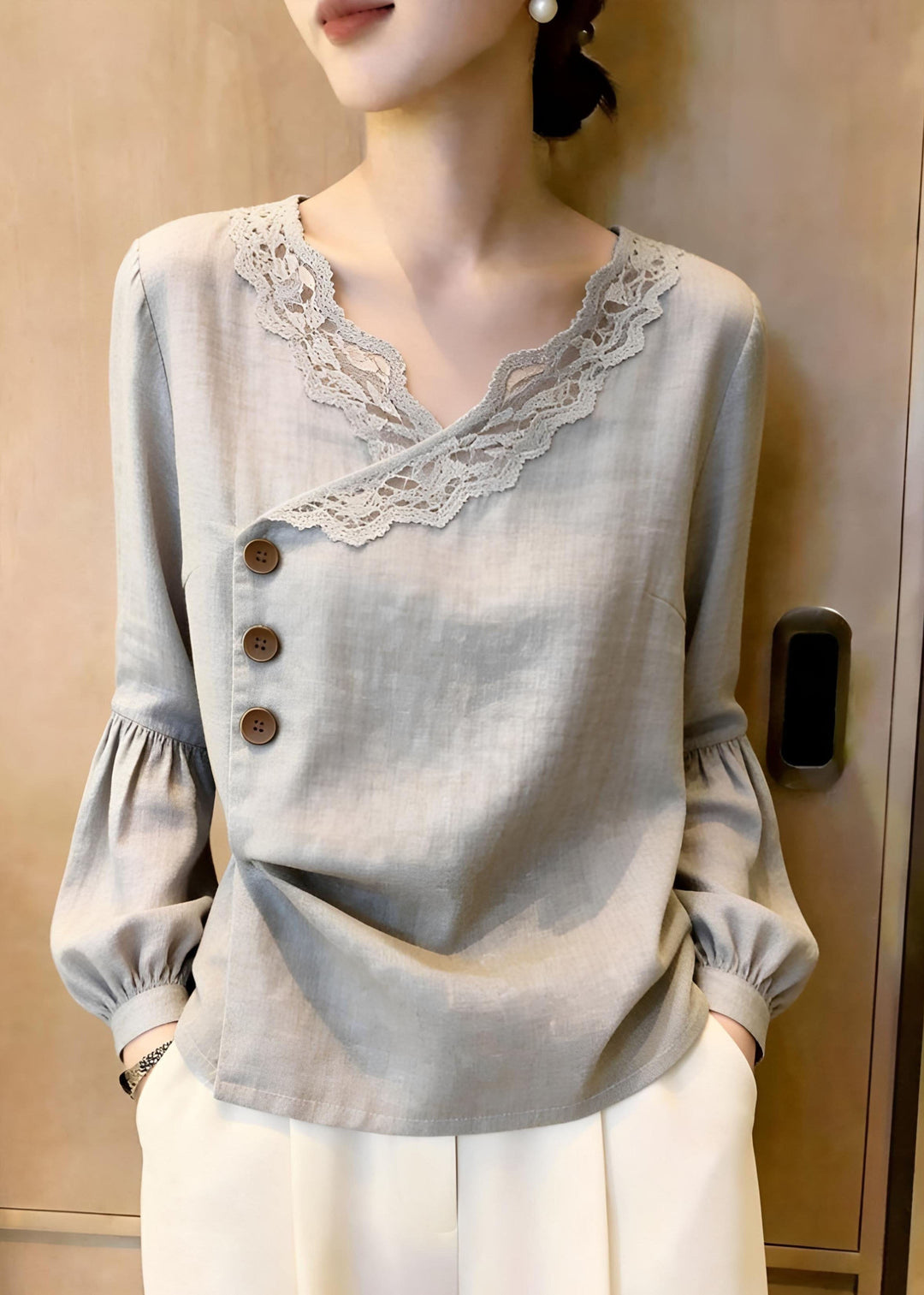 Elegant Grey Asymmetrical Button Solid Top Fall