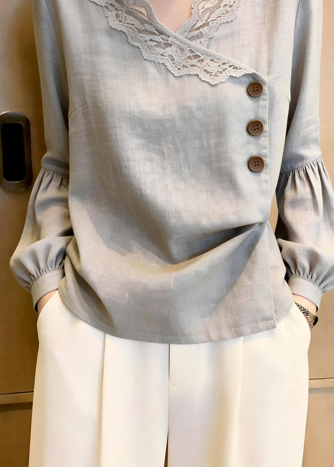 Elegant Grey Asymmetrical Button Solid Top Fall