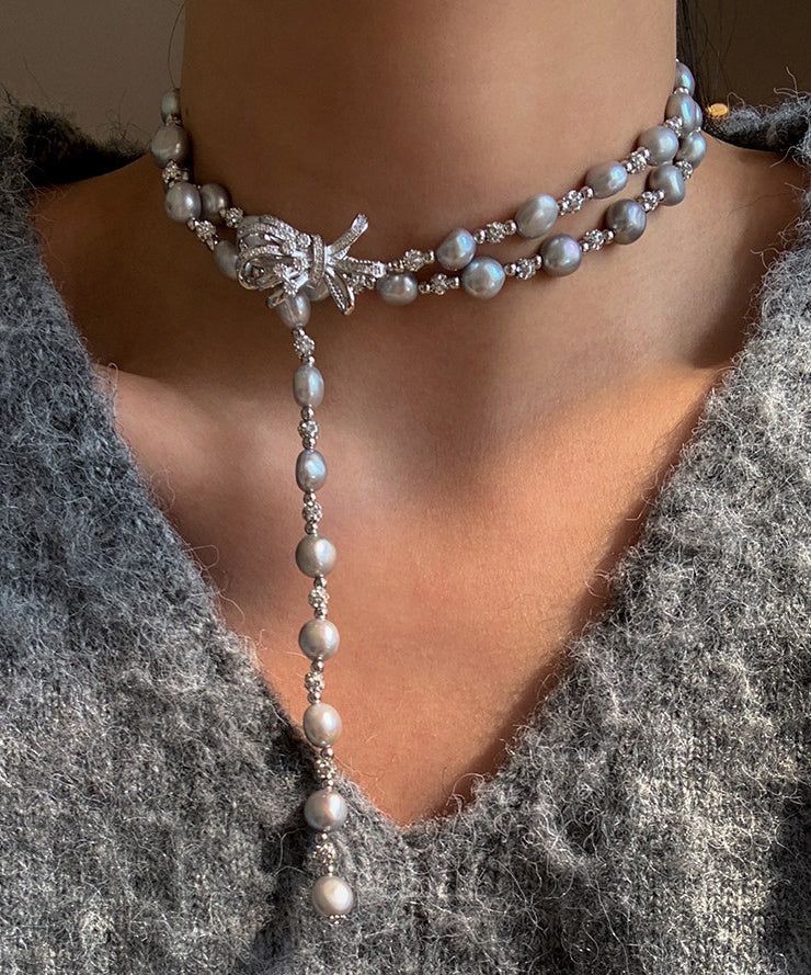 Elegant Grey Bow Multi-layer Pearl Necklace - Omychic