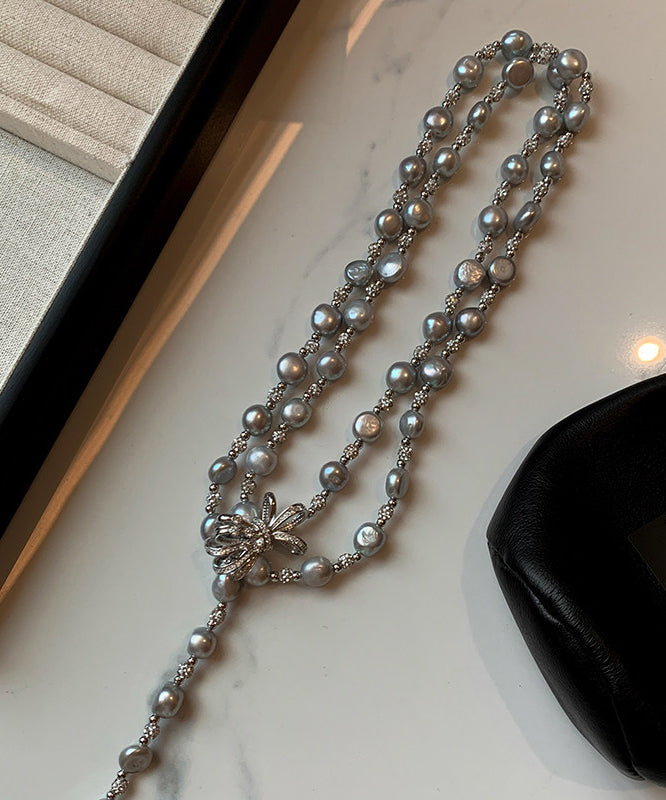 Elegant Grey Bow Multi-layer Pearl Necklace - Omychic