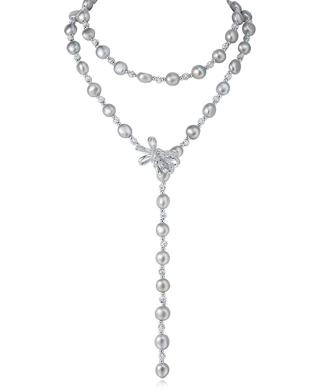 Elegant Grey Bow Multi-layer Pearl Necklace - Omychic