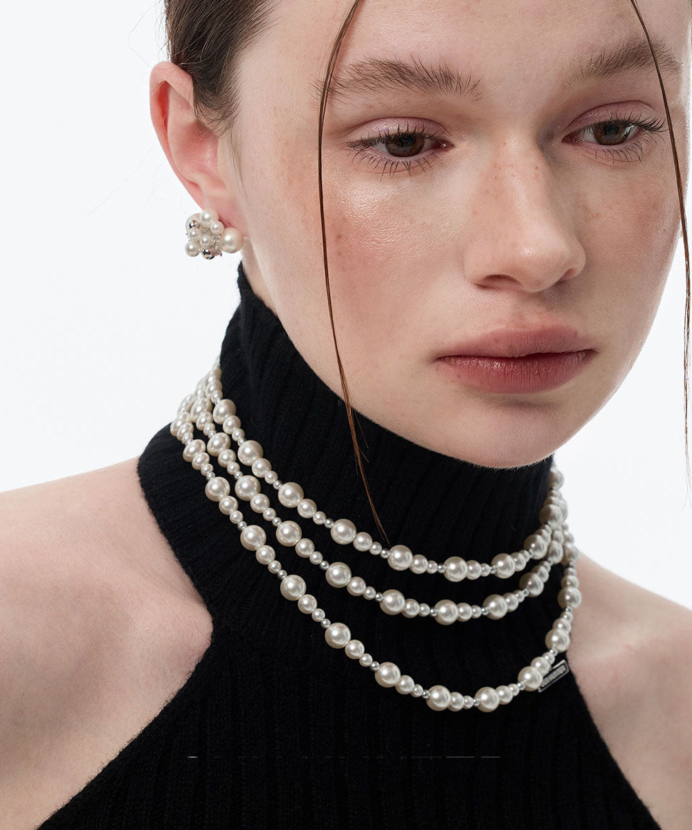 Elegant Grey Copper Overgild Pearl Beading Gratuated Bead Necklace