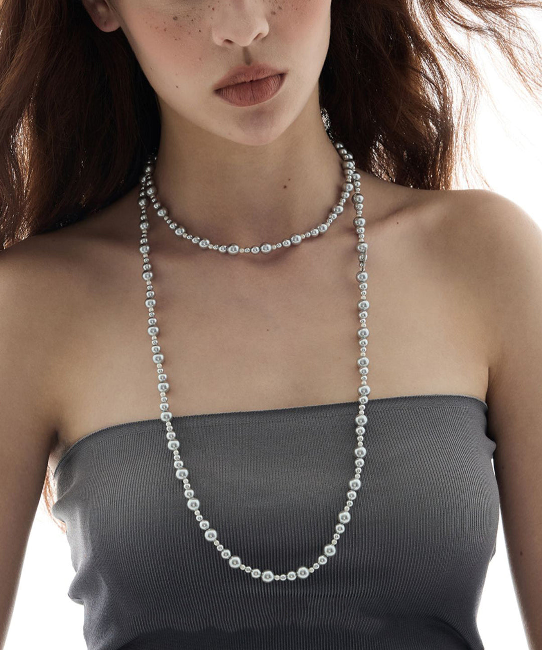 Elegant Grey Copper Overgild Pearl Beading Gratuated Bead Necklace