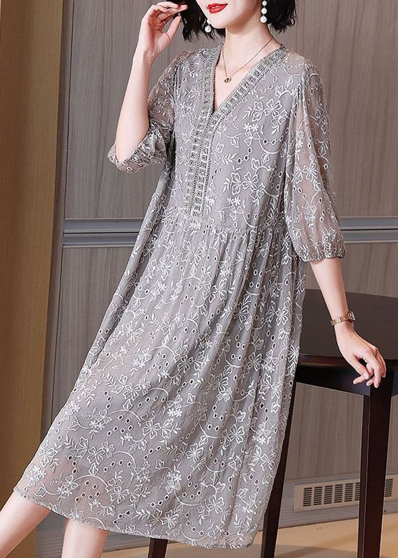 Elegant Grey Embroidered Nail Bead Patchwork Silk Dress Half Sleeve