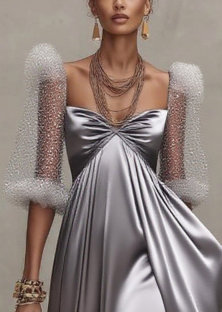 Elegant Grey Exra Large Hem Patchwork Tulle Evening Dress Puff Sleeve