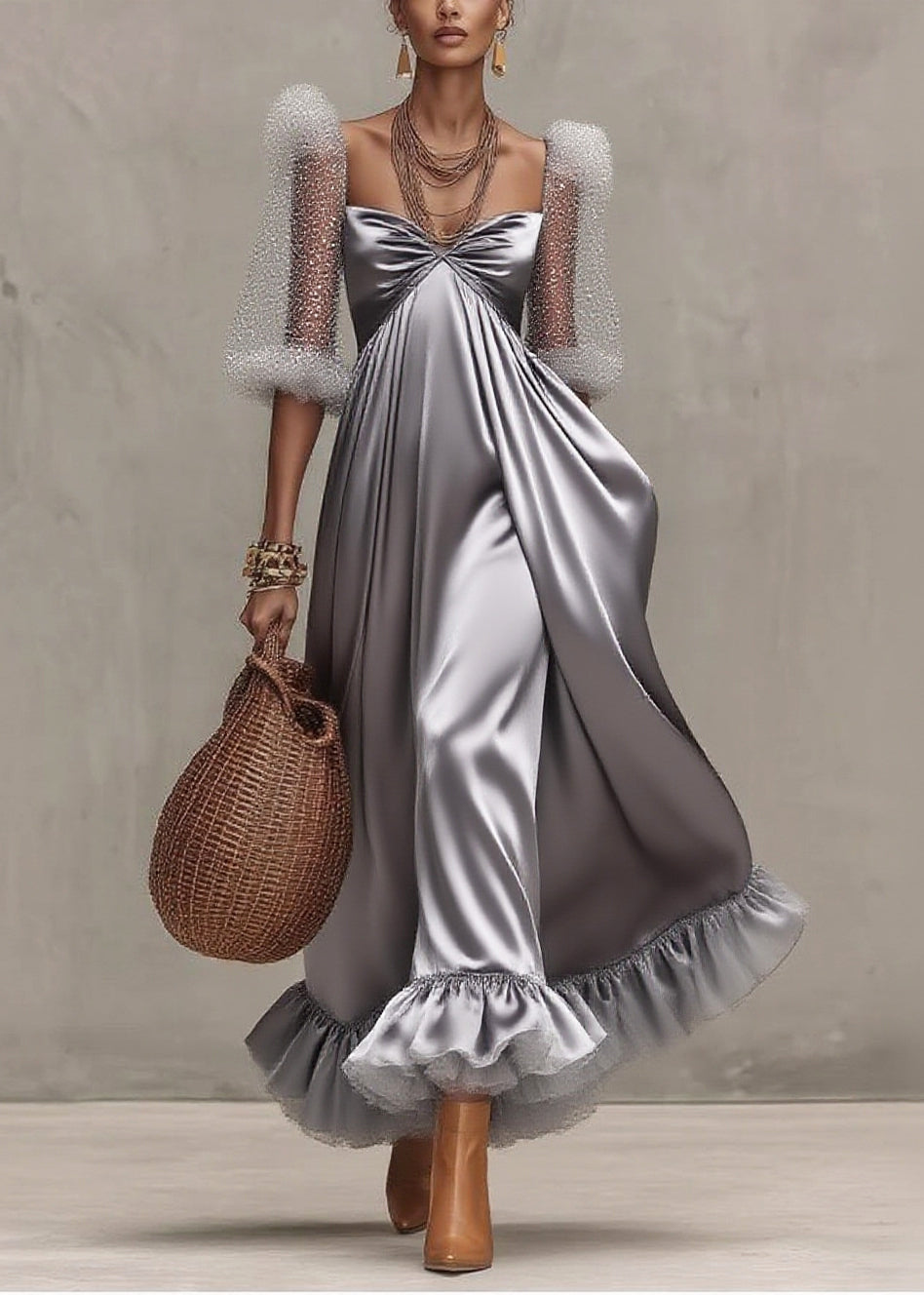 Elegant Grey Exra Large Hem Patchwork Tulle Evening Dress Puff Sleeve