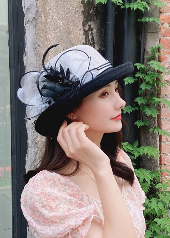 Elegant Grey Floral Tulle Patchwork Linen Cloche Hat