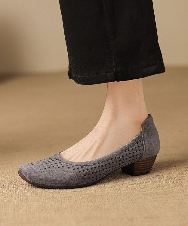 Elegant Grey Hollow Out Splicing Suede Chunky Shoes