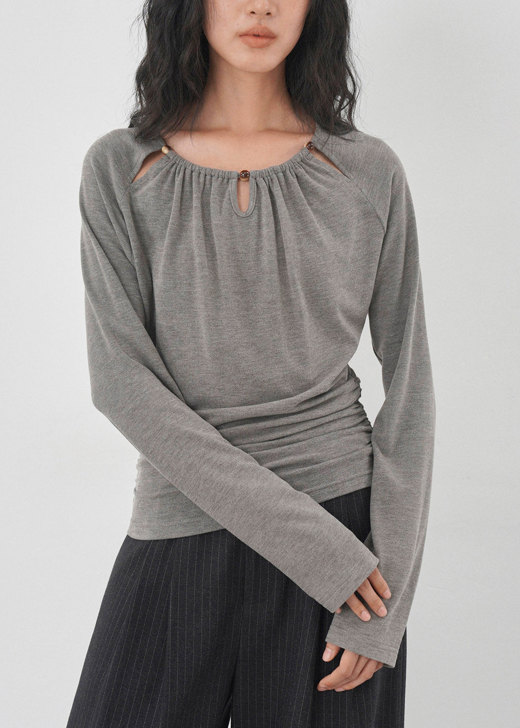 Elegant Grey Hollow Out Wrinkled Cotton Shirts Fall