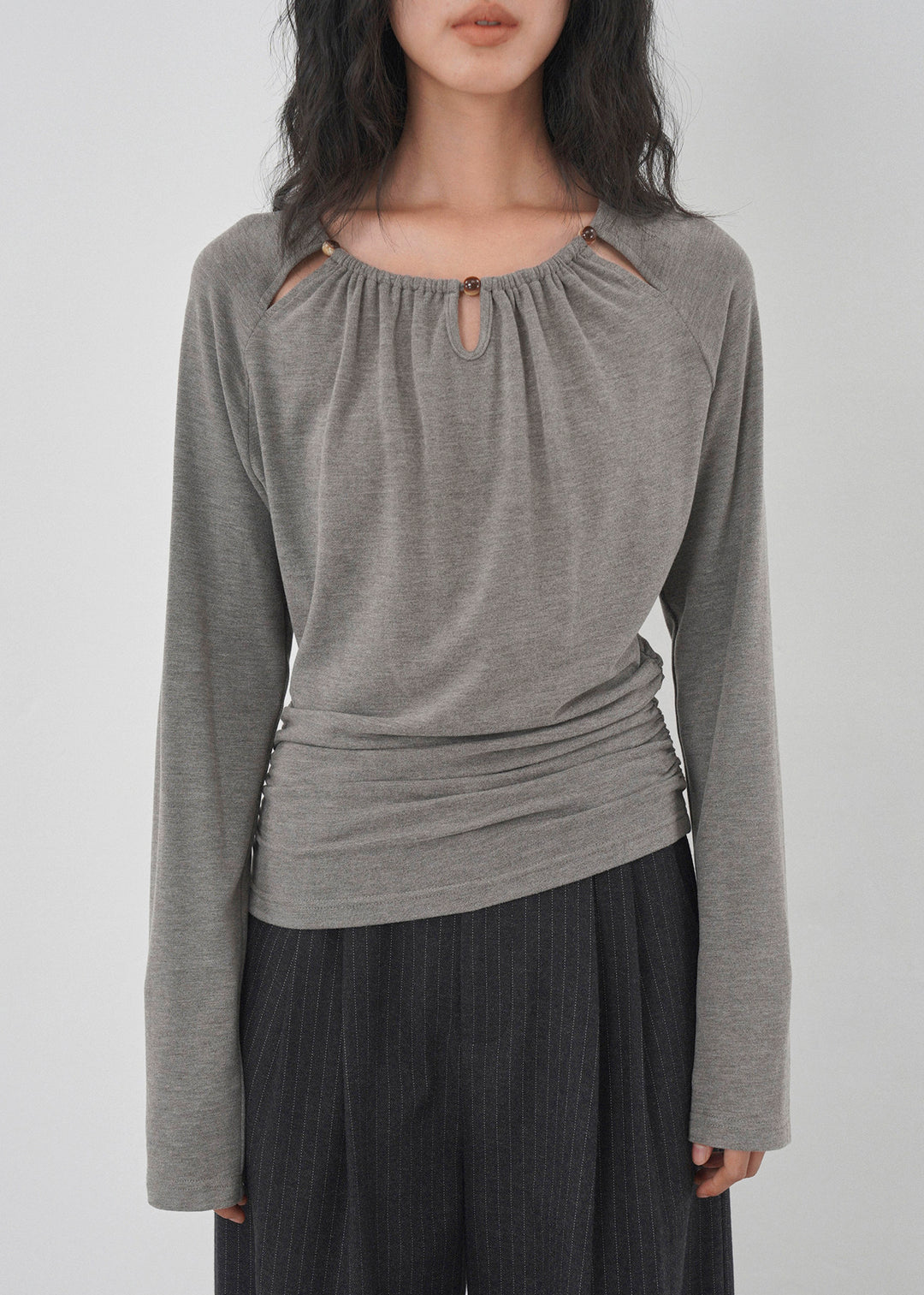 Elegant Grey Hollow Out Wrinkled Cotton Shirts Fall