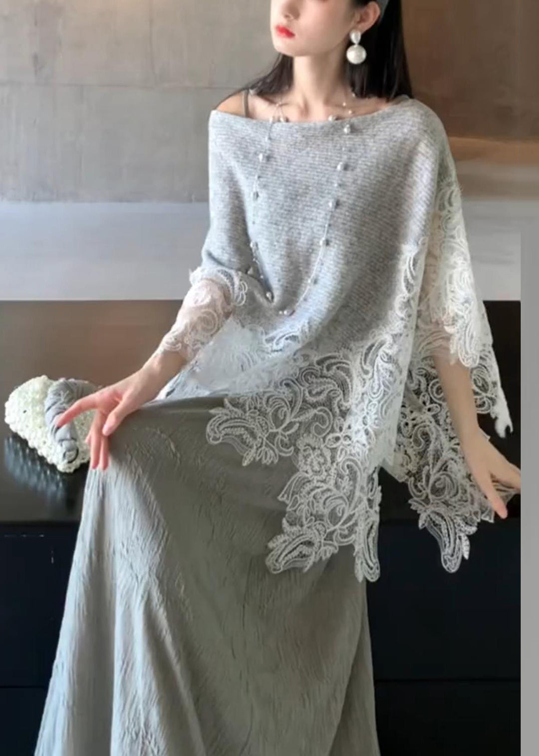 Elegant Grey Lace Patchwork Cotton Knit Cape And Long Dresses Two Piece Set Batwing Sleeve