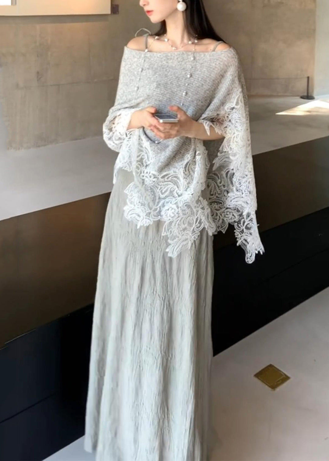 Elegant Grey Lace Patchwork Cotton Knit Cape And Long Dresses Two Piece Set Batwing Sleeve