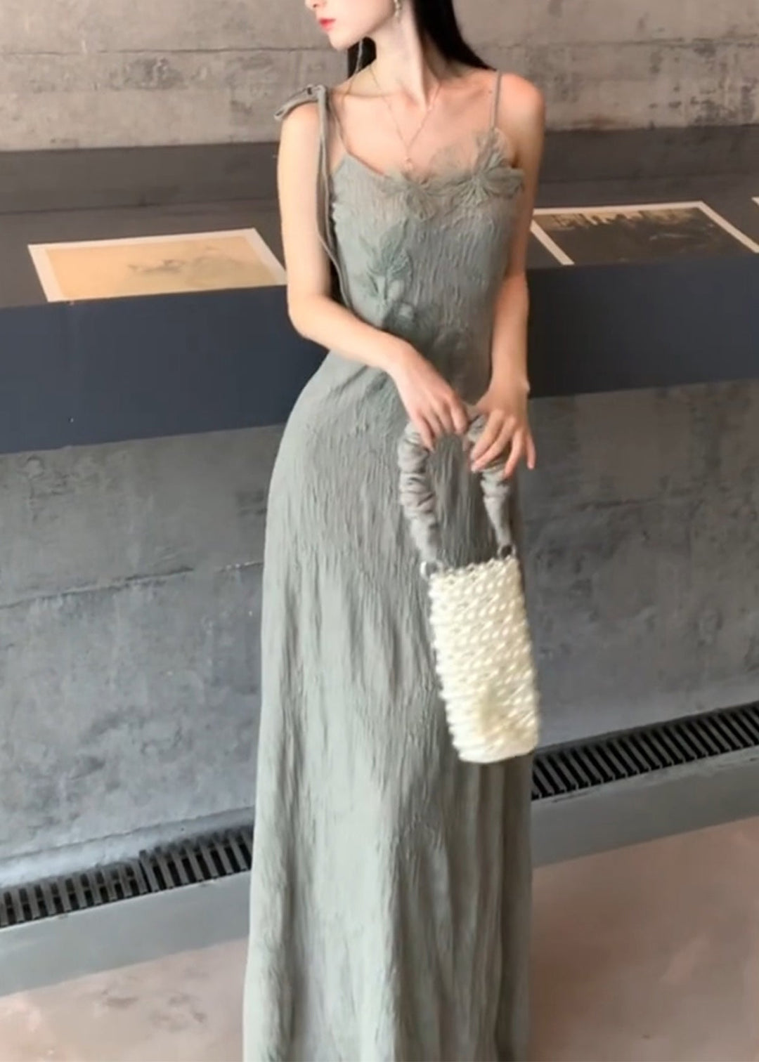 Elegant Grey Lace Patchwork Cotton Knit Cape And Long Dresses Two Piece Set Batwing Sleeve