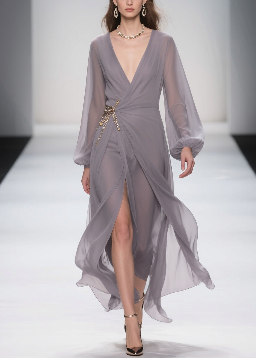 Elegant Grey Lace Up Front Open Chiffon Long Dress Spring